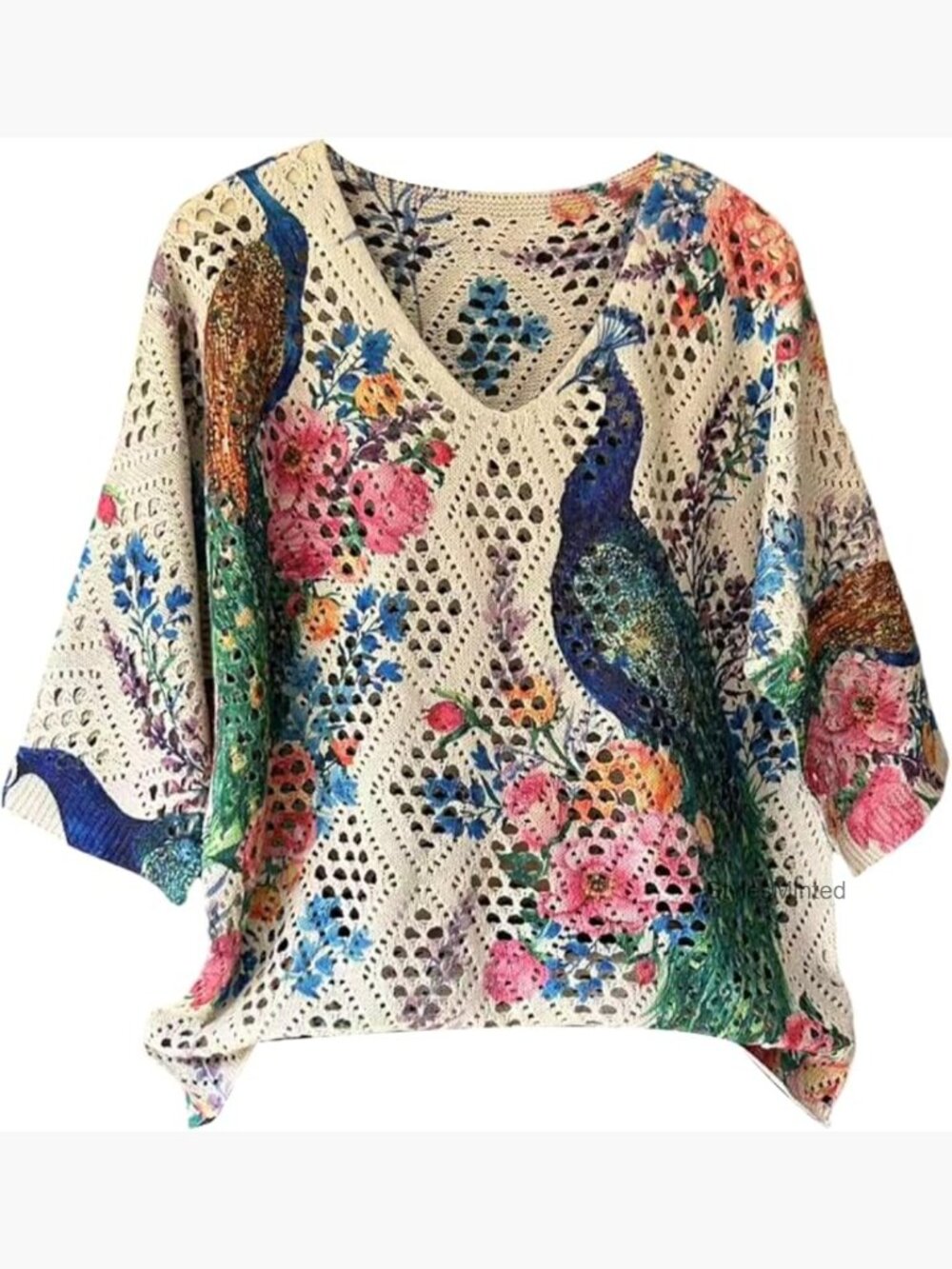 Crochet Boho Off Shoulder Sweater 3/4 Sleeve Pullover Knit Top